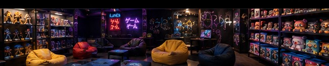 Zona lounge con puffs, gaming y coleccionables